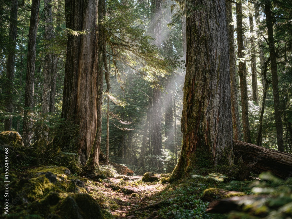 Obraz premium Sunbeams Shining Through An Ancient Mountain Forest