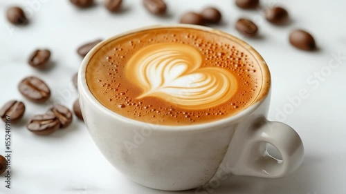 Artisanal Coffee Creation: A close-up shot of a perfectly crafted latte, adorned with delicate heart-shaped latte art. Roasted coffee beans surround the cup.