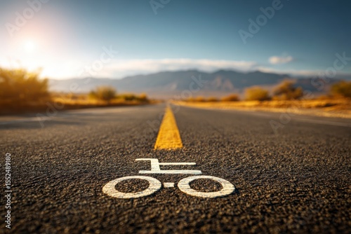 Bicycle Lane Painted on Asphalt Road with Orange Sky, road with wheelchair icon painted on it, perspective shot, conceptual freedom and movement