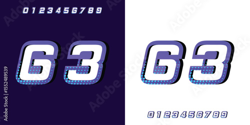 Racing number 63 in purple on a white and black background