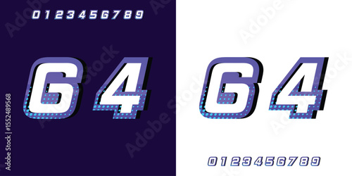 Racing number 64 in purple on a white and black background