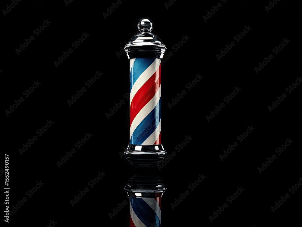 Classic barber pole, red, white, and blue stripes, chrome base and top, isolated on black reflective surface Classic barber pole, red, white, and blue stripes, chrome base and top, isolated on black reflective surface