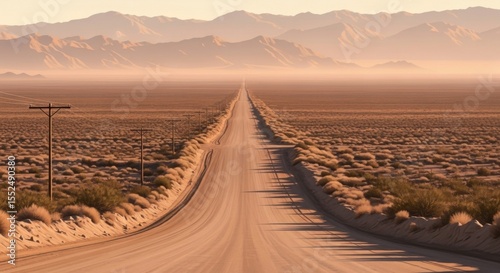 A long dusty road stretches into the distance across a barren desert landscape under a hazy sky