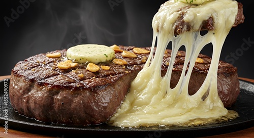 Indulge in the rich, savory aroma of this perfectly seared steak, its melted cheese stretching like liquid gold.