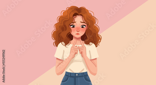 Sad Girl Illustration Digital Art of a Young Woman with Curly Hair Feeling Down