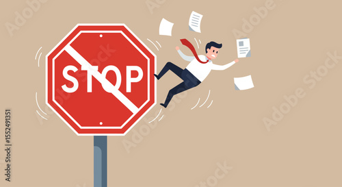 Businessman Falling, Stop Sign, Overwhelmed, Deadline Stress, Financial Crisis