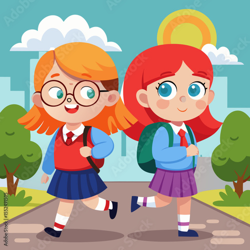 Two happy schoolgirls with backpacks walking to school on a sunny day