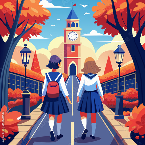 Two schoolgirls in uniform walk towards a clock tower on an autumn day