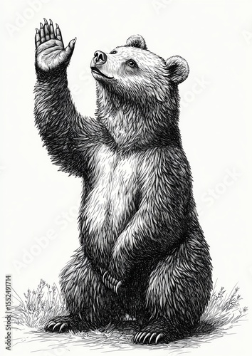 A detailed black and white sketch of a bear sitting upright, raising one paw as if waving, surrounded by grass.