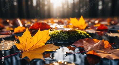 Warm Sunlight Illuminating Fallen Autumn Leaves on Wet Forest Floor