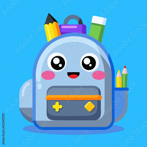 Cute kawaii backpack character with pencils and eraser on blue background
