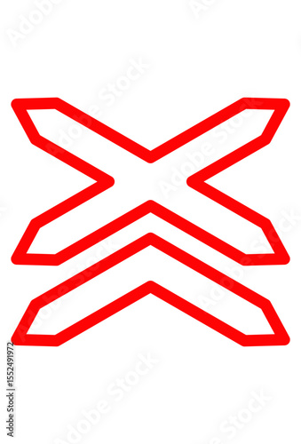Red crossbucks over two bars, railroad crossing warning sign.
Double red cross symbol, indicating railway tracks ahead.
Cautionary railway crossing graphic, distinctive red 'X' mark.
