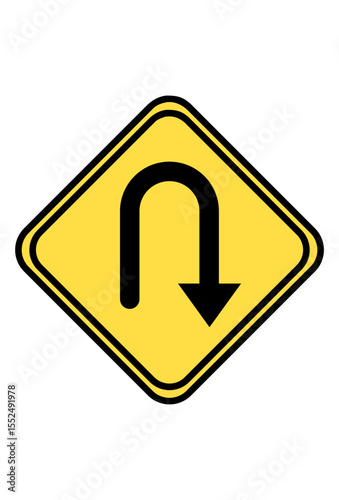 Yellow diamond sign with black U-turn arrow indicates required vehicle maneuver.
This road sign warns drivers of an upcoming U-turn ahead.
Traffic symbol: yellow background, black arrow for permissibl