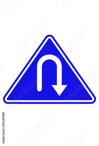 Road signs. warning U-turn ahead, plus blue directional U-turn.
Traffic signs. caution U-turn, and designated blue U-turn.
Two U-turn signs. warning diamond, informational blue triangle.

