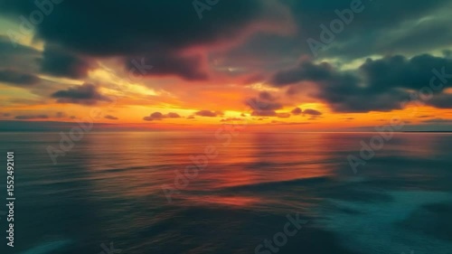 Coastal Sunset: The sky ignites with vibrant hues of orange and gold as the sun dips below the horizon, casting a warm glow over the tranquil ocean.