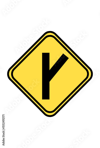 Yellow road sign warning of a Y-intersection or merging traffic ahead.
Traffic sign indicating a diverging road or a fork in the road.
Warning sign for a Y-junction, drive carefully, prepare to merge.