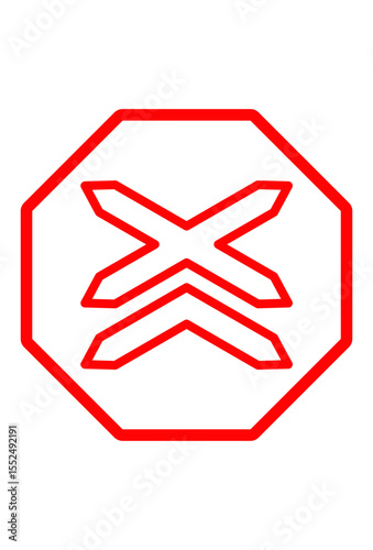 Red octagon, double X mark: warns of a hazardous crossing ahead.
Danger icon: signifies caution, possible railway or intersection hazard.
Stop symbol. indicates an upcoming crossing, proceed with extr