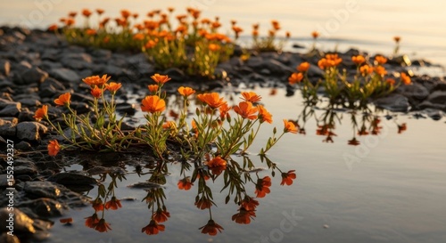 Vibrant Orange Wildflowers Bloom by the Water Reflecting Golden Sunlight