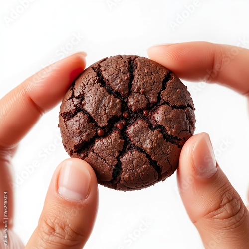 A hand with fair skin holding a chocolate cookie. isolated on white