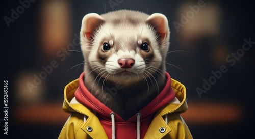 A Cool Ferret Wearing a Yellow Raincoat and a Red Hoodie Looking Directly at the Camera