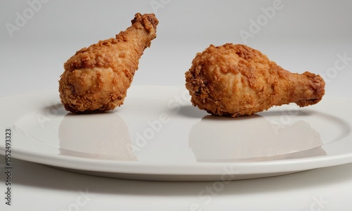 Two crispy fried chicken drumsticks on a white plate, showcasing delicious golden-brown perfection and tempting texture, isolated view