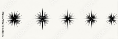 Five stylized, black, radiating stars of varying sizes against a white background, arranged horizontally