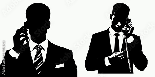 African American Business man answering phone. Marketing Commerce Corporate Entrepreneurship Startup Clipart Line Art Vector Illustration. Male of color in enterprise receiving call.