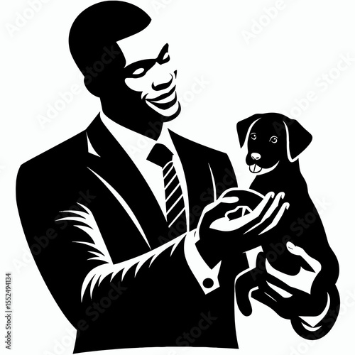 African American Business man adopting pet. Marketing Commerce Corporate Entrepreneurship Startup Clipart Line Art Vector Illustration. Black entrepreneur taking home animal companion.