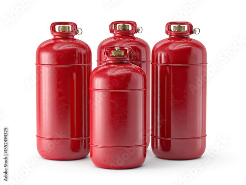 Four red propane tanks of varying heights, cylindrical with brass handles and valves, stand against a white backdrop
