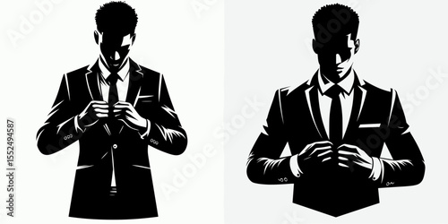 African American Business man Zipping up jacket. Marketing Commerce Corporate Entrepreneurship Startup Clipart Line Art Vector Illustration. Male of descent in professional attire fastening.