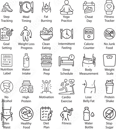 Fitness and Health Icons Vector Set on White Background