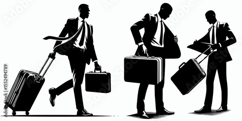 African American Business man Zipping suitcase. Marketing Commerce Corporate Entrepreneurship Startup Clipart Line Art Vector Illustration. Black entrepreneur closing luggage for journey.