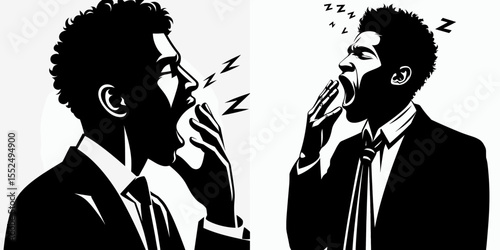 African American Business man Yawning tiredly. Marketing Commerce Corporate Entrepreneurship Startup Clipart Line Art Vector Illustration. Black entrepreneur expressing weariness with.