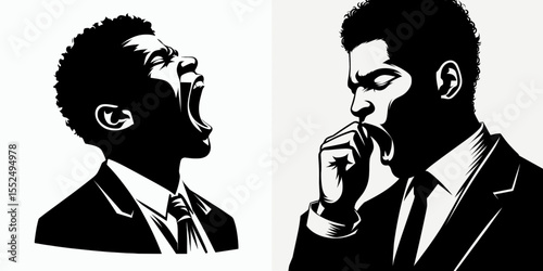 African American Business man Yawning tiredly. Marketing Commerce Corporate Entrepreneurship Startup Clipart Line Art Vector Illustration. Black male professional showing fatigue big gape.
