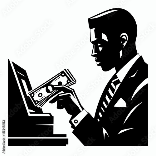 African American Business man withdrawing cash. Marketing Commerce Corporate Entrepreneurship Startup Clipart Line Art Vector Illustration. .