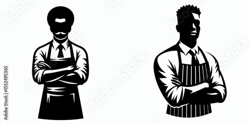 African American Business man Wearing apron. Marketing Commerce Corporate Entrepreneurship Startup Clipart Line Art Vector Illustration. Black entrepreneur in culinary wear a proprietor.