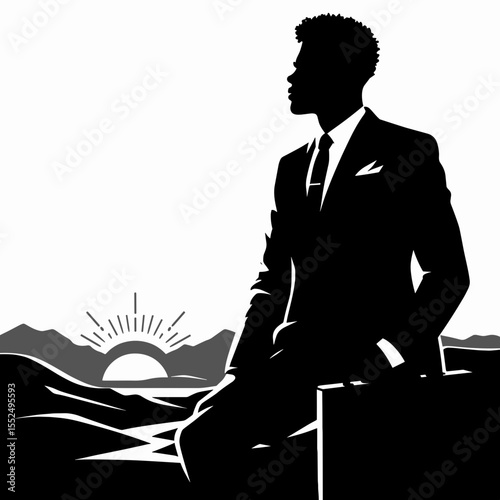 African American Business man watching sunset. Marketing Commerce Corporate Entrepreneurship Startup Clipart Line Art Vector Illustration. Black entrepreneur observes sundown evening glow.