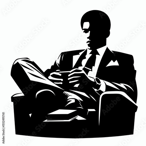 African American Business man watching movie. Marketing Commerce Corporate Entrepreneurship Startup Clipart Line Art Vector Illustration. Male entrepreneur of descent viewing film home.