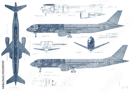 Blue Detailed Illustration of Airplanes Aircrafts Jet on White Background