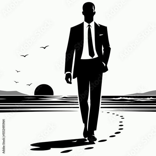 African American Business man walking beach. Marketing Commerce Corporate Entrepreneurship Startup Clipart Line Art Vector Illustration. Mature entrepreneur strolling shore on oceanfront.