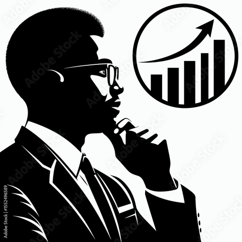 African American Business man visualizing success. Marketing Commerce Corporate Entrepreneurship Startup Clipart Line Art Vector Illustration. Black entrepreneur imagining triumph future.
