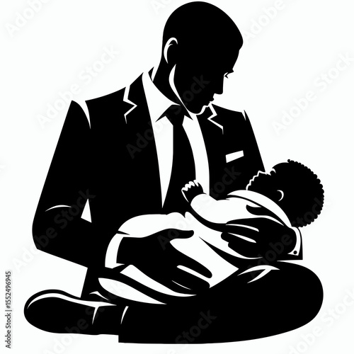 African American Business man tucking in child. Marketing Commerce Corporate Entrepreneurship Startup Clipart Line Art Vector Illustration. .