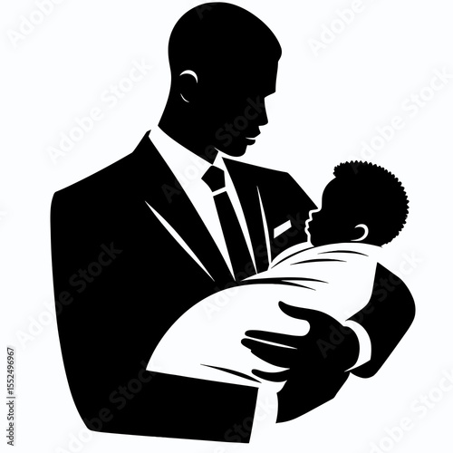 African American Business man tucking in child. Marketing Commerce Corporate Entrepreneurship Startup Clipart Line Art Vector Illustration. .