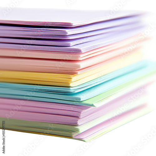 Colorful Stacked Papers in Pastel Shades on a White Surface