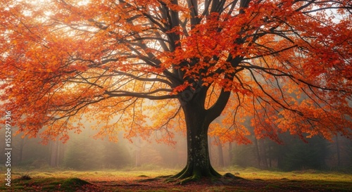 Majestic Old Tree Adorned with Vibrant Autumn Foliage Bathed in Golden Sunlight