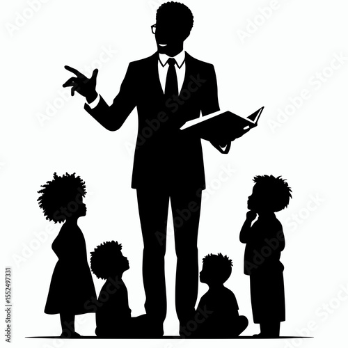 African American Business man teaching kids. Marketing Commerce Corporate Entrepreneurship Startup Clipart Line Art Vector Illustration. .