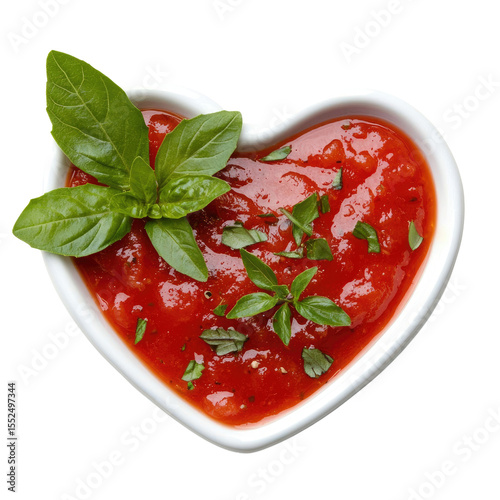Heart-Shaped Bowl of Fresh Tomato Sauce with Basil Leaves Garnish