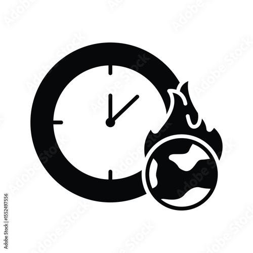 Burning Earth Clock Glyph Icon. Solid Style. Climate Anxiety Symbol of Global Warming, Crisis, Environmental Danger, and Urgent Climate Countdown in Black Silhouette.