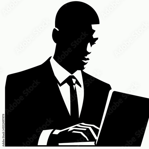 African American Business man Surfing internet. Marketing Commerce Corporate Entrepreneurship Startup Clipart Line Art Vector Illustration. Black entrepreneur browsing web online work.