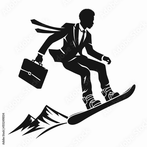 African American Business man snowboarding hill. Marketing Commerce Corporate Entrepreneurship Startup Clipart Line Art Vector Illustration. .